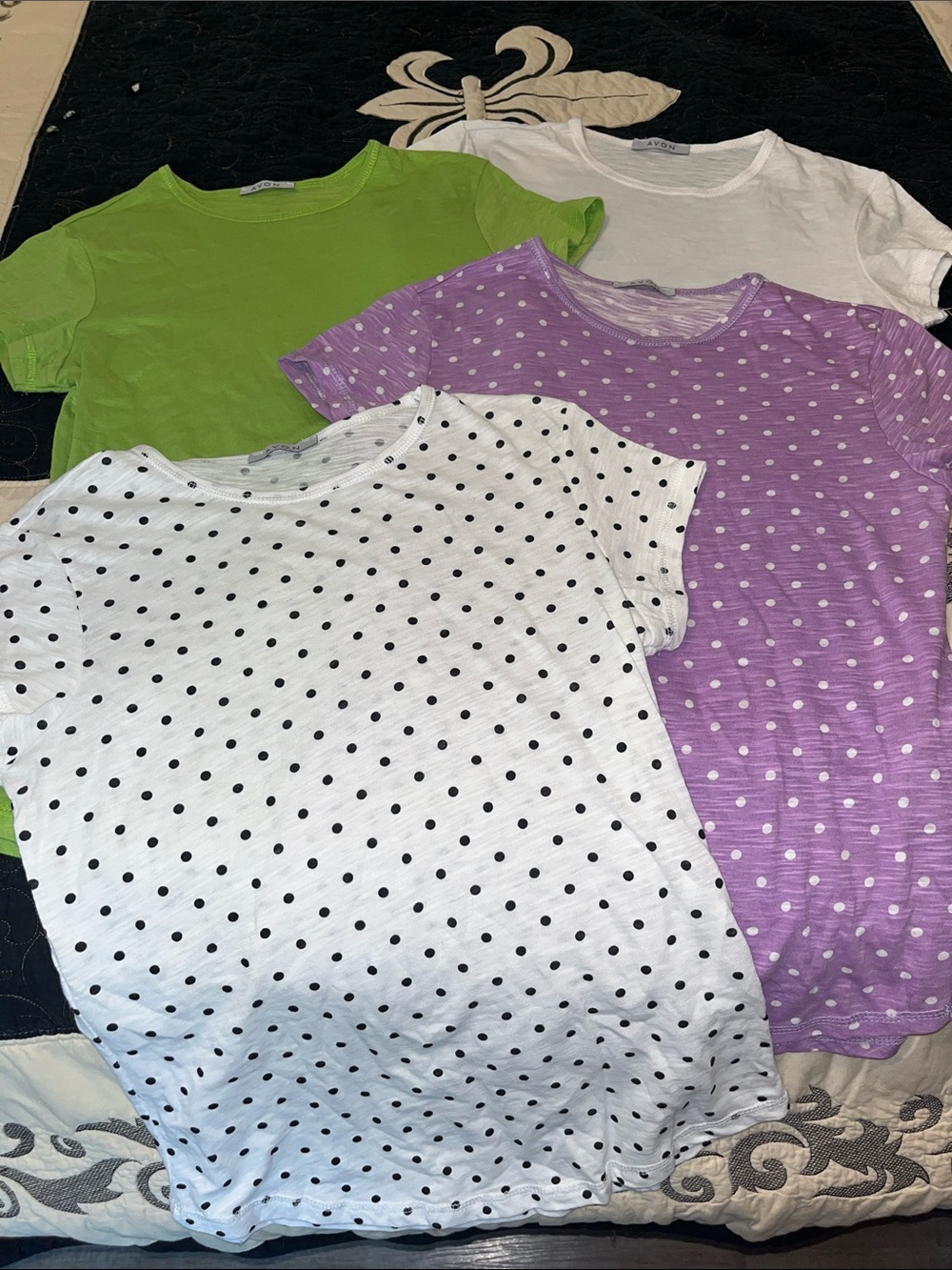 Avon Womens small Short Sleeve Tees - White & Purple Polka Dot, Green, & White